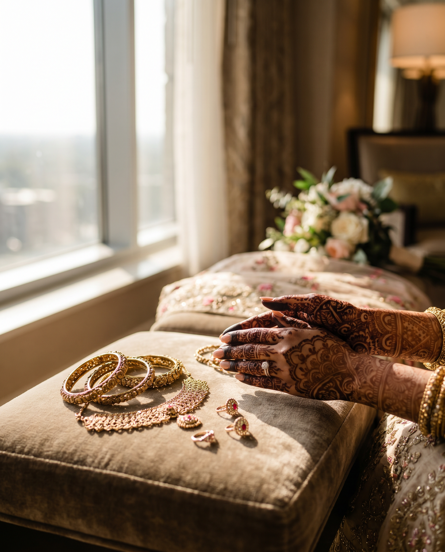 A bride's hands adorned with henna and gold jewellery